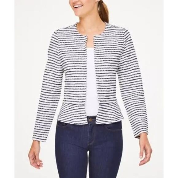 LOFT Navy Stripe Soft Jacket Blazer Size XL Peplum Open Front - Picture 4 of 9